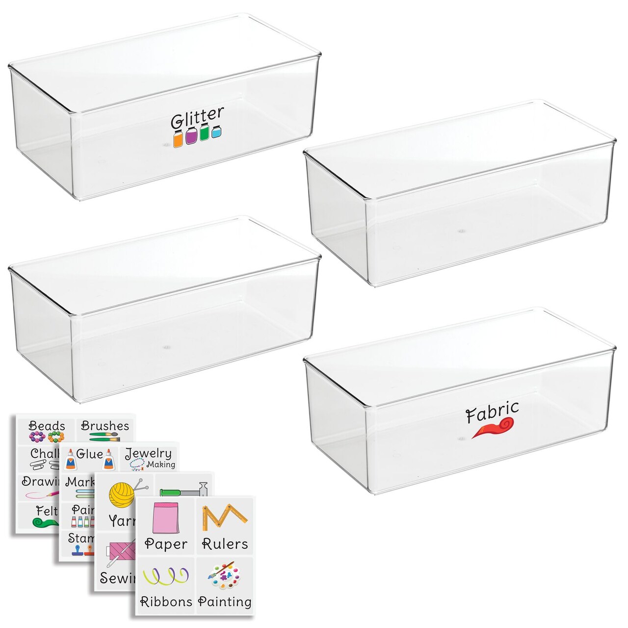 mDesign Stackable Plastic Craft, Sewing Storage Box + 32 Labels - Clear